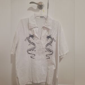 White Shirt with Black Dragon Embroidery